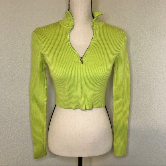 Tictoc Neon Green Ribbed Half Zip Cropped Sweater Size Medium - Picture 1 of 9
